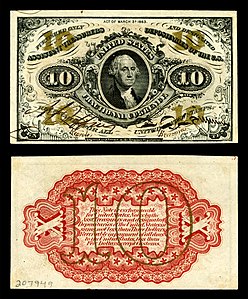 Third issue of the ten-cent fractional currency, by the United States Department of the Treasury