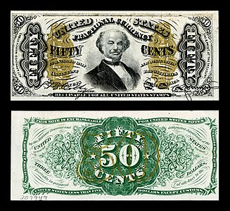 Third issue of the fifty-cent fractional currency depicting Francis Spinner (green), by the United States Department of the Treasury