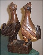 Carved and painted wooden tribal statue of a cock fight, Yoruba, West Africa, c. 2000