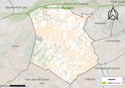 Carte de la ZNIEFF de type 2 sur la commune.