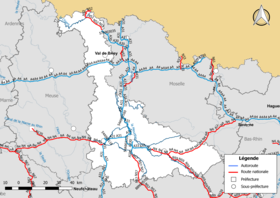 Carte du réseau routier national (autoroutes et routes nationales) dans le département de Meurthe-et-Moselle
