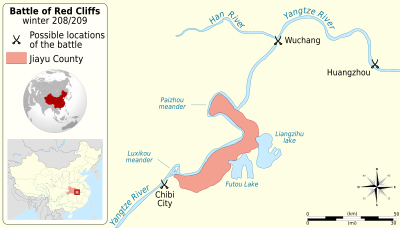 A map on a white background which shows the three possible sites for the battle, and the two rivers and lakes