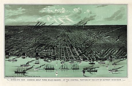 Detroit in the 1880s at History of Detroit, by Calvert Lithographing Co. (restored by Adam Cuerden)