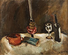 Tableau à l'huile d'une nature morte, une lampe à huile au centre.