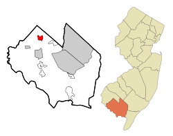 Map of Seabrook Farms highlighted within Cumberland County. Right: Location of Cumberland County in New Jersey.