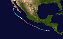 A map of the path of a hurricane off the Pacific coasts of Central America and Mexico, moving generally northwestward but arcing slightly inward toward the shoreline