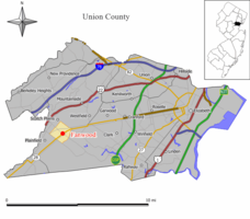 Location of Fanwood in Union County highlighted in yellow (left). Inset map: Location of Union County in New Jersey highlighted in black (right).