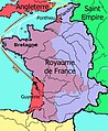 Le royaume de France en 1328[3] avant le début de la guerre de Cent Ans. Territoires contrôlés par le roi d'Angleterre en 1328 Anciennes possessions des Plantagenêt (1180) reprises par les rois de France Autres territoires du royaume de France