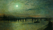 Peinture. Vue nocturne d'un pont. Cours d'eau à l'avant-plan.Le pont de Battersea, John Atkinson Grimshaw (1885)