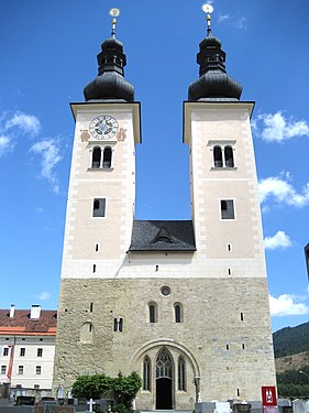 Gurk Cathedral, Austria, has remarkably little adornment of the westwerk, and arbitrary placement of the lower windows