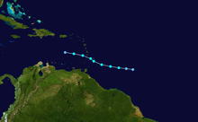 Track map of a short-lived and disorganized tropical storm through the Central Atlantic and eastern Caribbean Sea