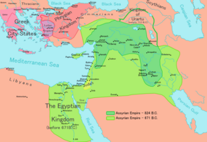 Imperiul Neo-Asirian în 824 î.Hr. (verde-închis) și în 671 î.Hr. (verde-deschis)