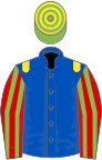 Royal blue, yellow epaulettes, red and light green striped sleeves, light green and yellow hooped cap