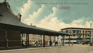 Postcard of Penn Square district, with the Euclid Ave. station, c. 1910s