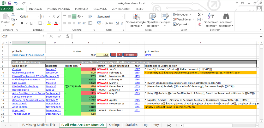 Screendump of Excel application wiki-client, tab Project All Who Are Born Must Die