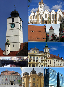 From top, left to right: Council Tower (town symbol) • Lutheran Cathedral • Eyes of Sibiu • Medieval fortifications • Bridge of Lies • Town hall and Jesuit Church • Brukenthal Palace • Neo-Baroque palace • modern high-rise buildings