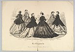 A black-and-white fashion plate of six women each wearing long gowns (three white, one dark, two hidden behind other women) and paletots: coats that are fitted to the arms and bodice but flair out to lay over the gowns rounded by crinolines, each coat is shown at a different length and with different shapes around the hem, such as one whose hem is large zigzags, another comes to a point, another is asymmetrical so that it comes longer in the back, and another is the same length all the way around.