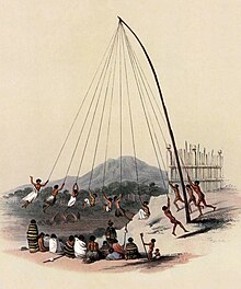 Early 19th century coloured drawing showing Māori children swinging from long ropes coming from the top of a high pole while a group of adults watches them