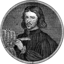 Engraving of man with long hair, holding a quill and paper