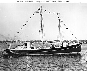 John G. Murley (U.S. Fishing Vessel, 1939) Photographed c. 1939-40. She was acquired by the Navy in 1940 and became USS Canary (AMc-25)