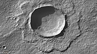Resen Crater as seen by CTX camera (on Mars Reconnaissance Orbiter). Besides showing the ejecta, image shows small pits on crater floor caused by escaping steam. Note: this image is an enlargement of the previous image of Resen.