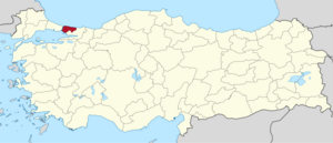 Istanbul (I) highlighted in red on a beige political map of Turkeym
