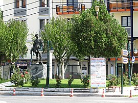 View of the central square of Aridaia with Aggelis Gatsos' statue.