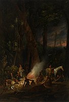 Augustus Earle, A bivouac of travellers in Australia in a cabbage-tree forest, day break, 1838