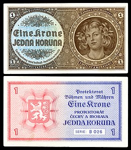 One Bohemian and Moravian koruna from 1940, by the National Bank for Bohemia and Moravia