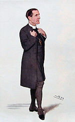 Drawing of a dark-haired man, facing right, dressed in long black coat, black stockings and white collar. He is grasping his lapels as if about to speak.