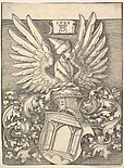 Coat of arms, which features a door as a pun on his name, and the winged bust of a Moor (1523), 35.1 × 26.1 cm (MET)