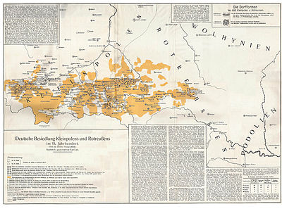 Niemieckie osadnictwo w Małopolsce oraz Rusi Czerwonej (zob. Głuchoniemcy) w XV wieku, fragment niemieckiego atlasu historycznego z roku 1934, wyd. Poznań