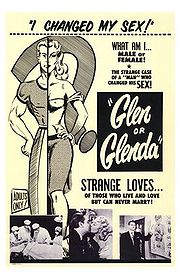 Affiche du film Glen or Glenda? représentant un personnage dont la partie droite du corps est masculine et la partie gauche féminine.