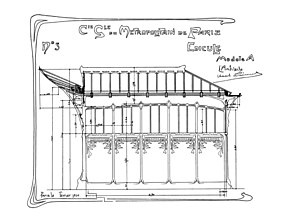 Dessin en noir sur papier blanc d'un petit édifice rectangulaire à panneaux décorés, avec marquise du côté gauche