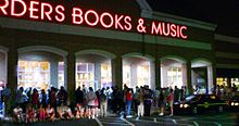 A large crowd of fans wait outside of a Borders store in Delaware, waiting for the release of Harry Potter and the Half-Blood Prince