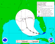 A map of a storm track surrounded by an error cone extending from the Florida Keys arcing north to Alabama
