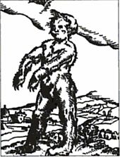 Gravure représentant un personnage debout, de trois quarts droite, couvert de poils, dont les mains et les pieds sont des pattes d'ours. La silhouette est gigantesque par rapport au village inscrit dans un paysage vallonné qui constitue la base de l'œuvre.