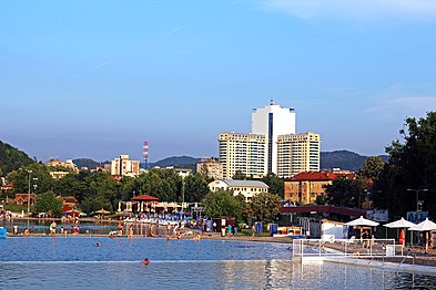 Panoramic view of the Mellain Hotel building from the Pannonian Lakes.