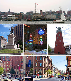 Clockwise: Portland waterfront, the Portland Observatory on Munjoy Hill, the corner of Middle and Exchange Street in the Old Port, Congress Street, the Civil War Memorial in Monument Square, and winter light sculptures in Congress Square Plaza