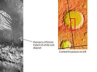 Whiterock on crater floor may be what is left of a much larger deposit. Arrow shows that the deposit once reached much farther. Picture taken by THEMIS.