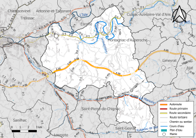 Carte en couleur présentant le réseau hydrographique de la commune