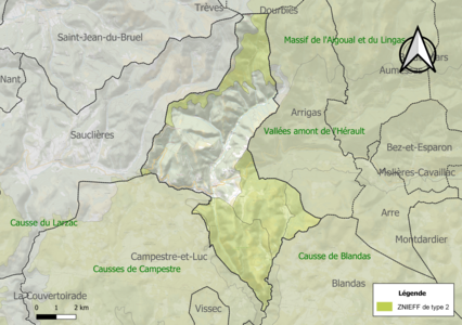 Carte des ZNIEFF de type 2 sur la commune.