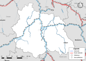 Carte du réseau routier national (autoroutes et routes nationales) dans le département du Puy-de-Dôme