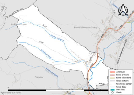 Carte en couleur présentant le réseau hydrographique de la commune