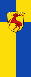 A blue and yellow vertical banner flag. At the top, on the cross point is the coat of arms of Hirschhorn