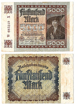 Recto et verso d'un billet de 5 000 marks de 1922 (République de Weimar). (définition réelle 1 617 × 2 276)