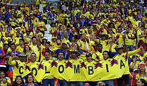 Colombian Soccer fans in Russia, showing the diversity of Colombians.