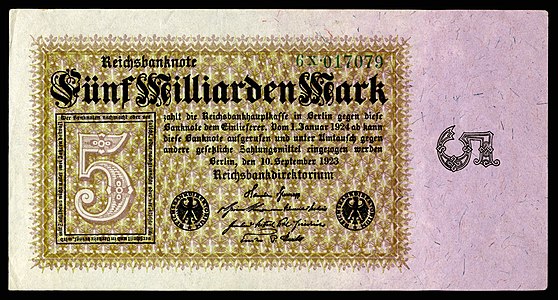 Five-billion Mark at German Papiermark, by the Reichsbankdirektorium Berlin