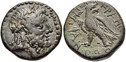 Coin depicting the god Zeus Chrysaoreus and an eagle, 1 AD - 2 AD.