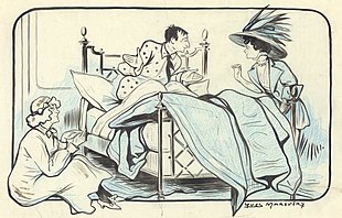Contemporary drawing of a scene from the play: a young man is sitting up in bed addressing a young woman in 1908 day-wear (including large hat), while another young woman, in a nightdress, hides on the other side of the bed